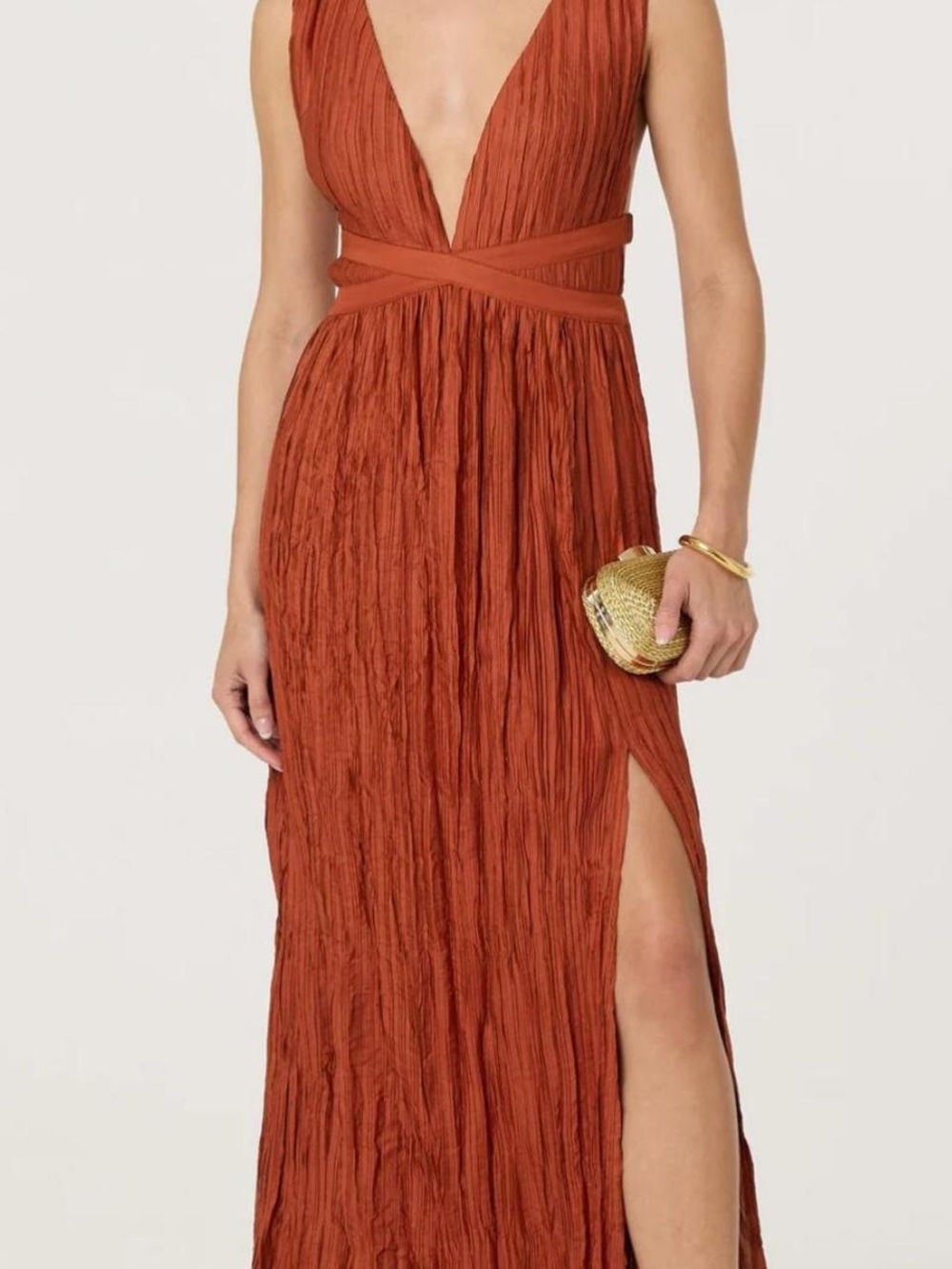 Astr Rust Crinkled Deep V Maxi Dress with Side Slit